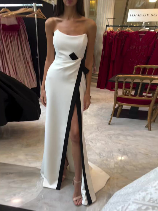 Black & White Strapless Slit Dress – Bold Elegance