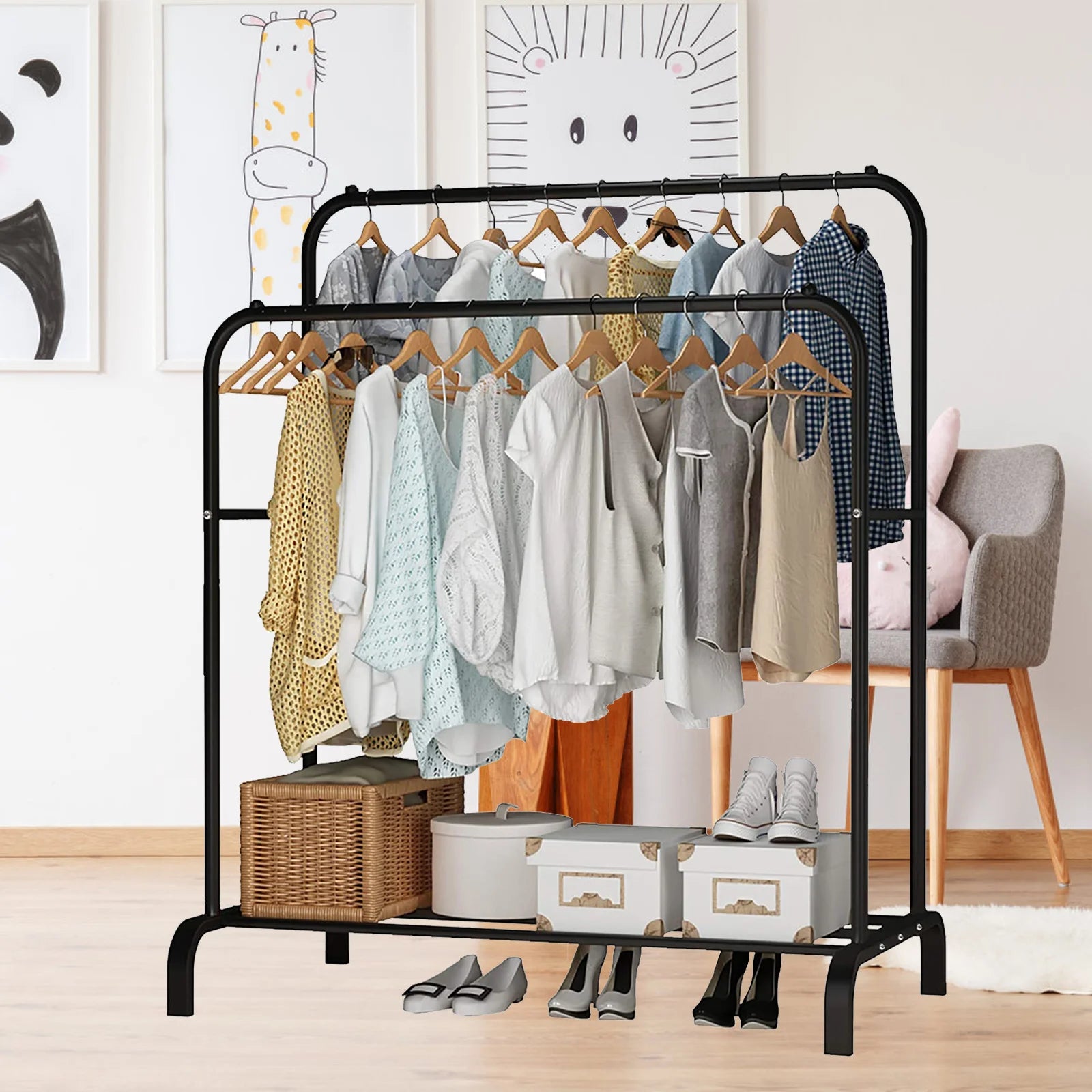 Clothes Rack Double Rods Multifunctional Coat Rack with Shelves Metal Garment Rack for Hanging Clothes Heavy Duty Organizer