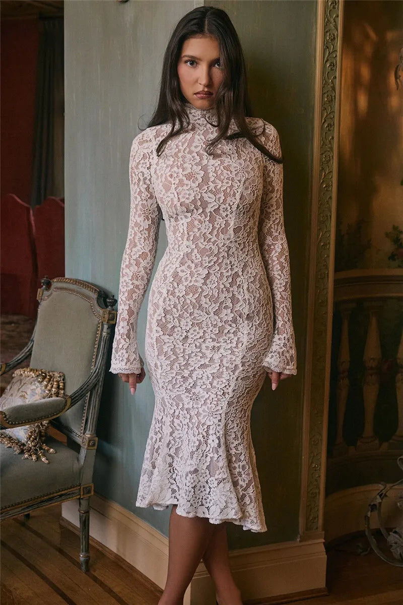 Elegant Lace Bodycon Midi Dress – White