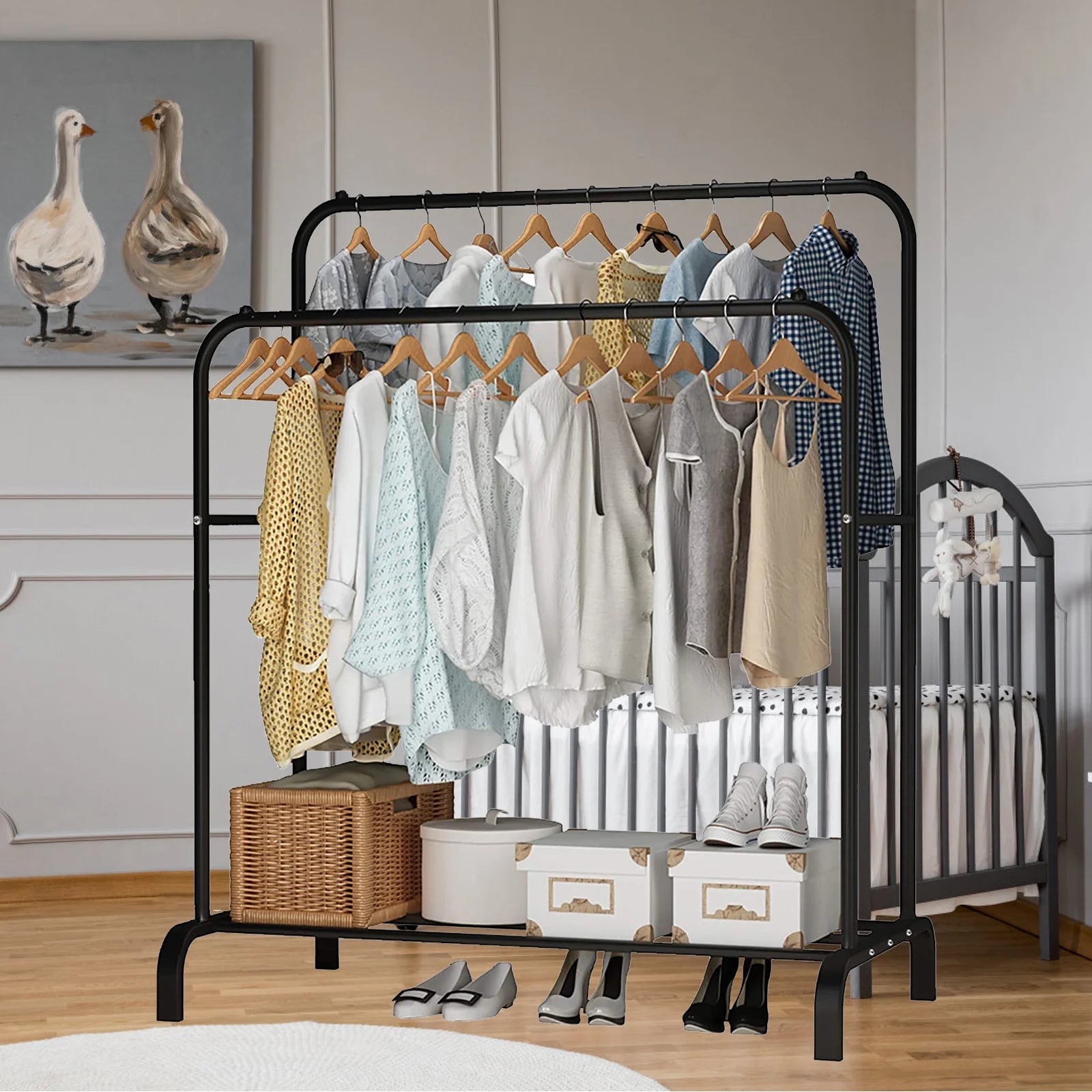 Clothes Rack Double Rods Multifunctional Coat Rack with Shelves Metal Garment Rack for Hanging Clothes Heavy Duty Organizer