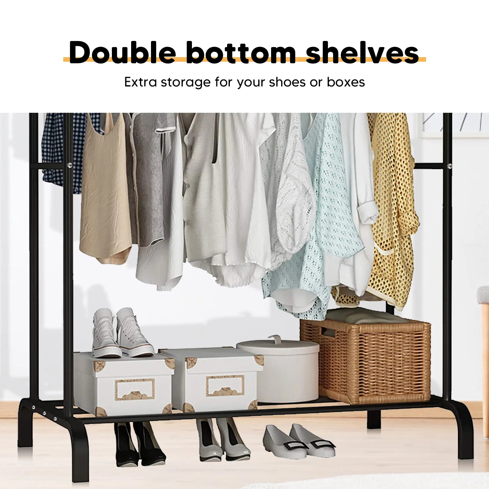 Clothes Rack Double Rods Multifunctional Coat Rack with Shelves Metal Garment Rack for Hanging Clothes Heavy Duty Organizer